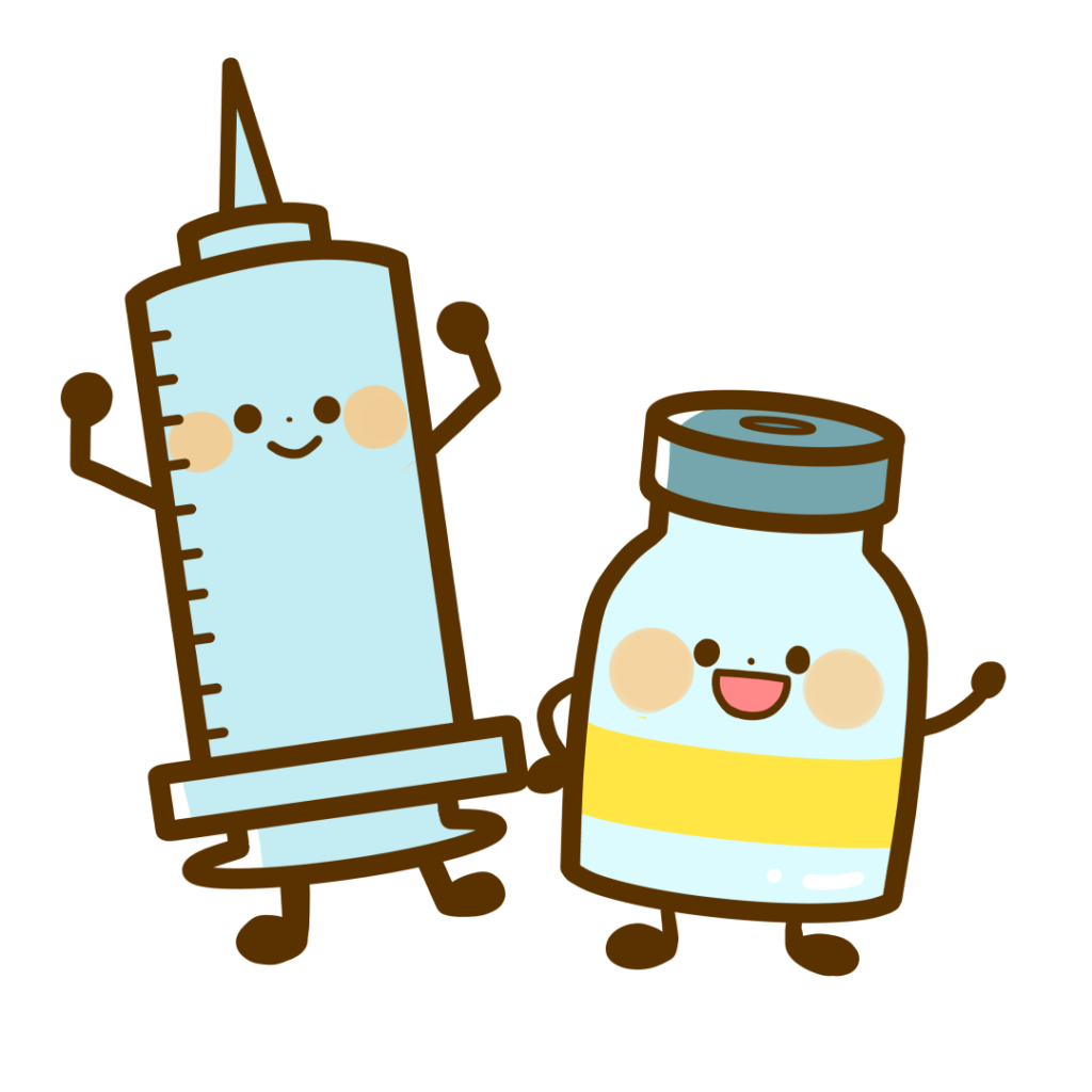 医療・お薬 注射器さんとワクチンさんのかわいいフリーイラストフタバのフリーイラスト