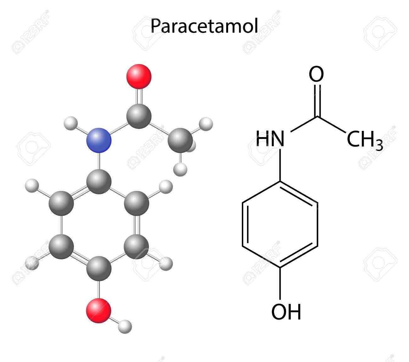 アセトアミノフェンパラセタモールC8H9NO2 分子空間充填モデル。構造化学式とPremiumベクトル素材