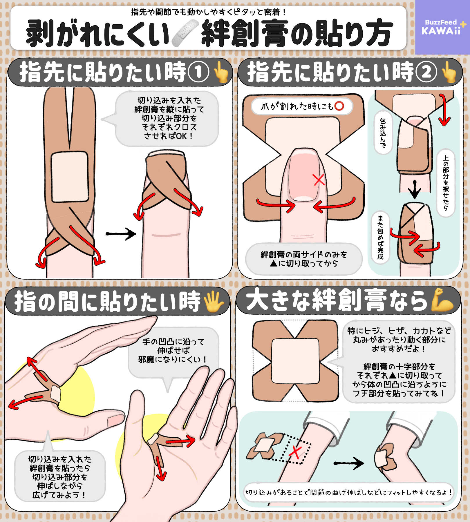 指先・関節もぴったり貼りつく！ ライフハック はがれにくい絆創膏の貼り方ママリ